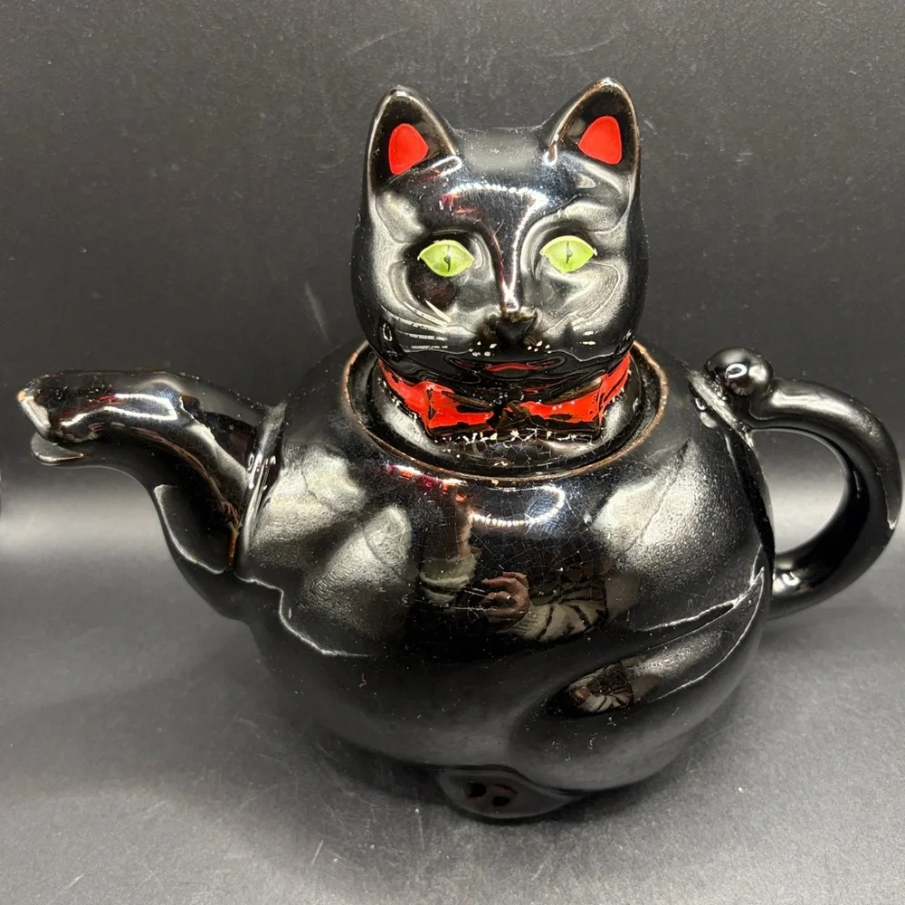Shafford Redware Vintage Hand Painted Black Cat Kitsch Pottery Teapot, Lidded